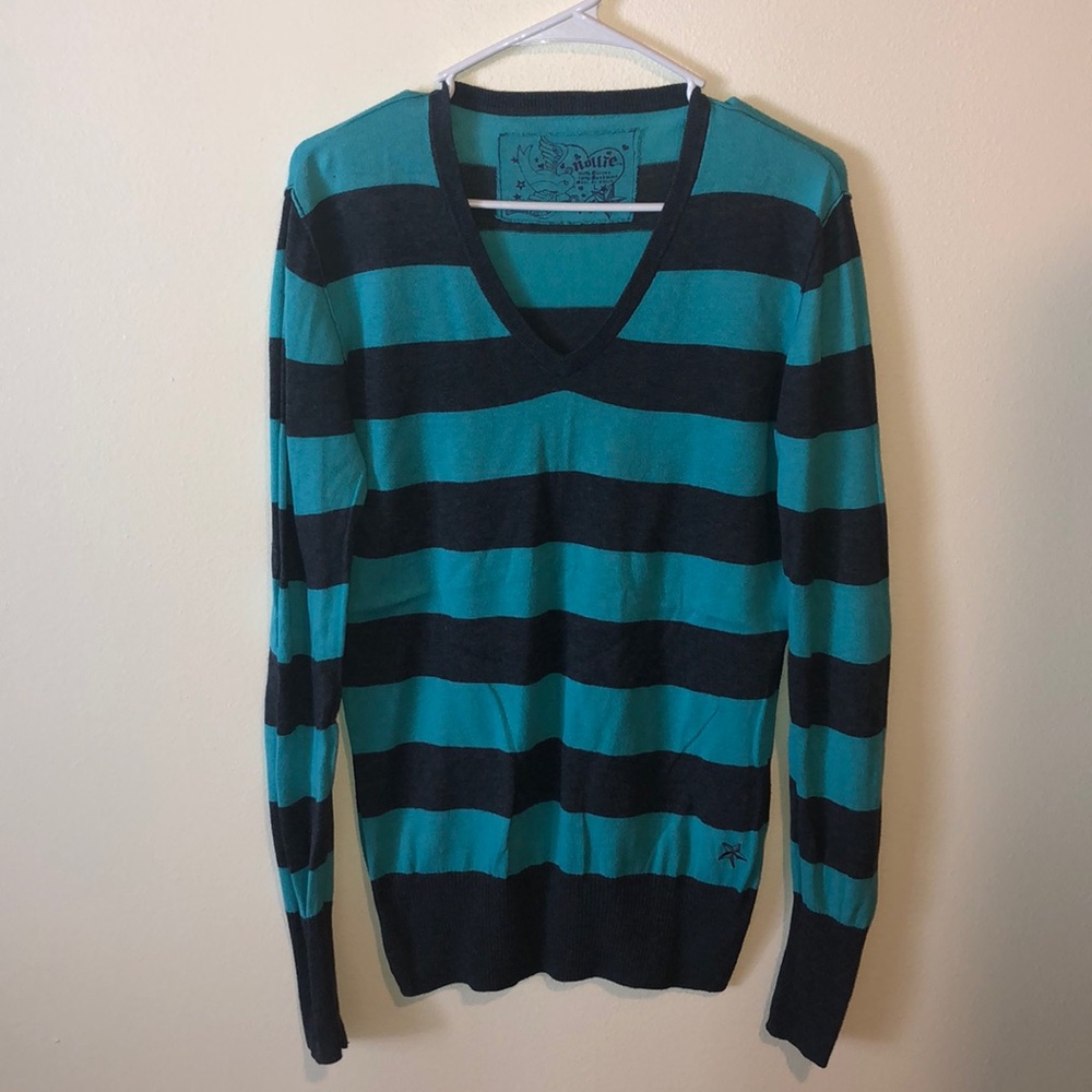 Turquoise & gray striped long sleeve top